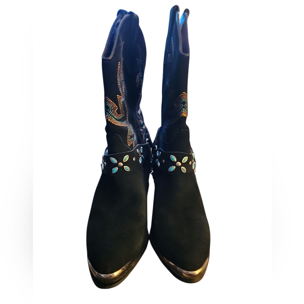 Vintage Dingo Boots Womens 8 Victoria Cowboy Suede Leather Chain Western Black - Picture 12 of 13